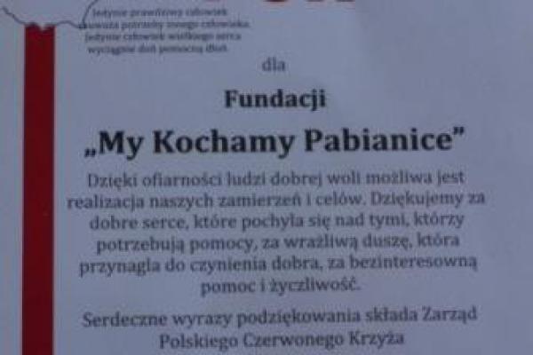 Podziękowania dla Fundacji od Oddziału PCK w Pabianicach